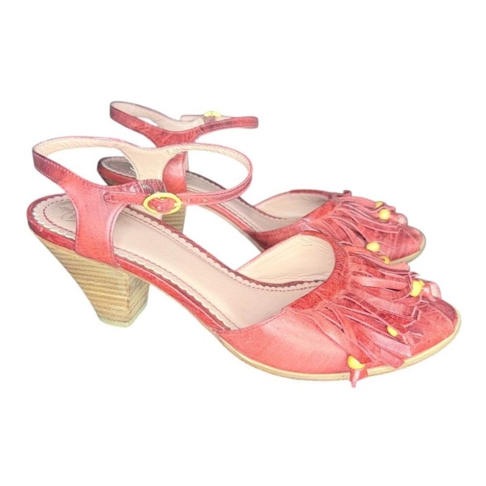 Anthropologie Miss Albright Leather Ankle Strap Fringe Heeled Sandals Sz 8 Red